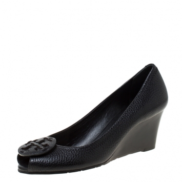 Pre Owned Tory Burch Black Leather Julianne Peep Toe Wedge Pumps Size 37