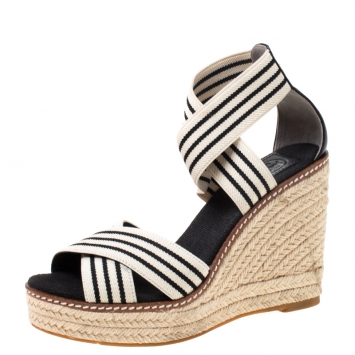 Pre Owned Tory Burch Monochrome Stretch Fabric And Leather Frieda Cross Strap Espadrille Platform Sandals Size 36