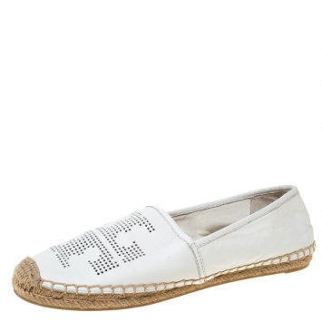 Pre Owned  Tory Burch White Perforated Logo Leather Espadrilles Size 38