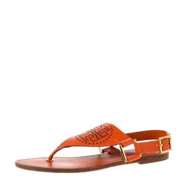 Pre Owned Tory Burch Orange Perforated Leather Thong Slingback Sandals Size 38