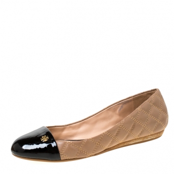 Pre Owned Tory Burch Beige/Black Quilted Leather Claremont Ballet Flats Size 37