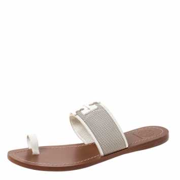 Pre Owned Tory Burch White Leather Melinda Toe Ring Sandals Size 36.5