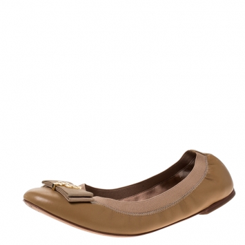 Pre Owned Tory Burch Brown Leather Bow Scrunch Ballet Flats Size 39.5