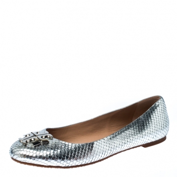 Pre Owned Tory Burch Silver Snakeskin Embossed Patent Leather Raphael Logo  Ballet Flats Size 38.5 