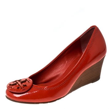 Pre Owned Tory Burch Orange Patent Leather Sophie Wedge Pumps Size 36