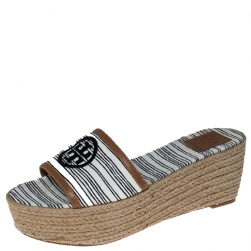 Pre Owned Tory Burch White/Black Logo Stripe Canvas Espadrille Slides Size 37.5