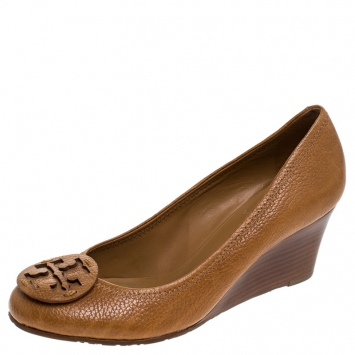 Pre Owned Tory Burch Brown Grained Leather Wedge Pumps Size 36