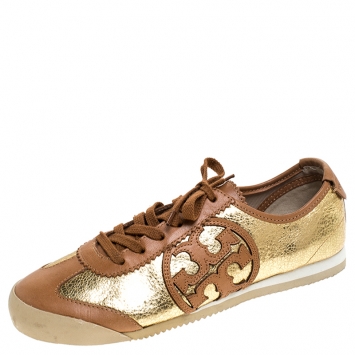 Pre Owned Tory Burch Gold/Brown Foil Leather And Leather Murphey Sneakers Size 36.5