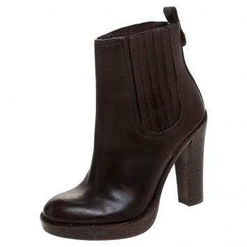 Pre Owned Tory Burch Dark Brown Leather Elastic Band Ankle Boots Size 37