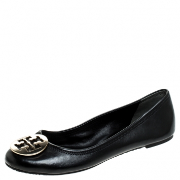 Pre Owned Tory Burch Black Leather Benton Ballet Flats Size 40