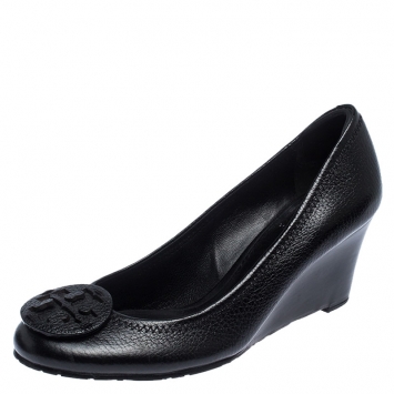 Pre Owned  Tory Burch Black Leather Sophie Wedges Pumps Size 38