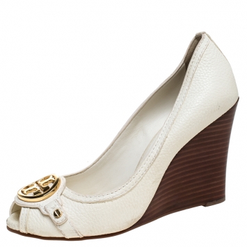 Pre Owned Tory Burch White Leather Logo Wedges Peep Toe Pumps Size 38