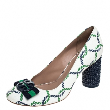 Pre Owned Tory Burch White Leather And Green/Blue Isle Rope Maritime Block Heel Pumps Size 39.5