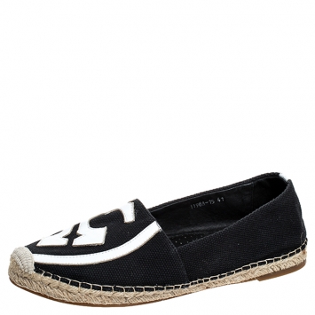 Pre Owned Tory Burch Black Canvas And White Leather Trim And Logo Lonnie Espadrilles Flats Size 41
