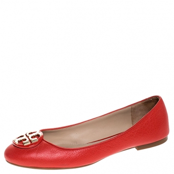 Pre Owned Tory Burch Red Leather Reva Ballet Flats Size 38