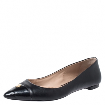 Pre Owned Tory Burch Black Leather Pointed Cap Toe Ballet Flats Size 36