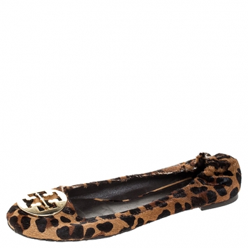 Pre Owned Tory Burch Brown Leopard Print Pony Hair Reva Ballet Flats Size 41