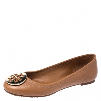 Pre Owned Tory Burch Brown Leather Reva Pebbled Ballet Flats Size 36.5