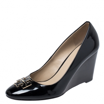 Pre Owned Tory Burch Black Patent Leather Wedge Pumps Size 39