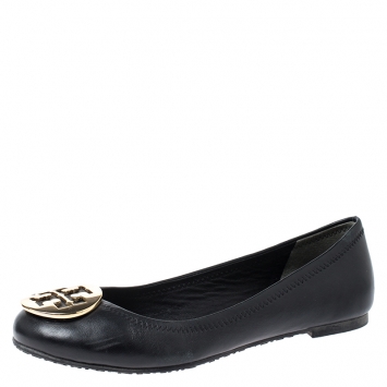 Pre Owned Tory Burch Black Leather Reva Ballet Flats Size 37