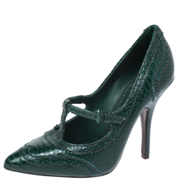 Pre Owned Tory Burch Green Brogue Python Embossed Leather Everly Pumps Size 37.5