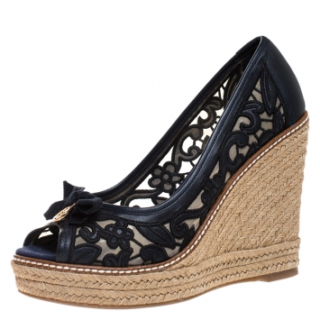 Pre Owned Tory Burch Blue Lucia Lace And Leather Jackie Peep Toe Espadrilles Wedge Pumps Size 37.5
