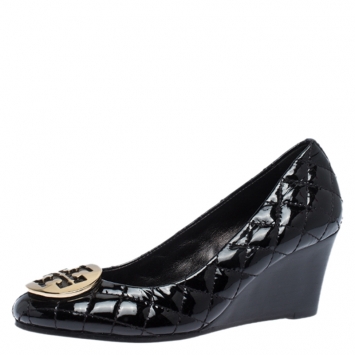 Pre Owned Tory Burch Black Quilted Patent Leather Reva Logo Studded Wedge Pumps Size 36