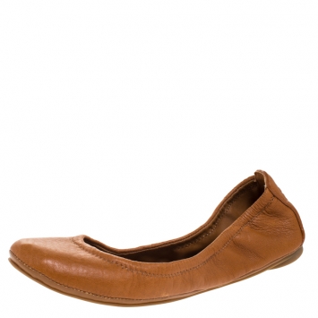 Pre Owned Tory Burch Brown Leather Round Toe Ballet Flats Size 36.5