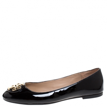 Pre Owned Tory Burch Black Patent Leather Reva Peep Toe Ballet Flats Size 37.5