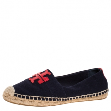 Pre Owned Tory Burch Navy Blue/Red Canvas Weston Espadrilles Flats Size 37.5