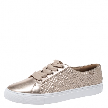 Pre Owned Tory Burch Metallic Rose Gold Marion Quilted Leather Lace Up Sneakers Size 39.5
