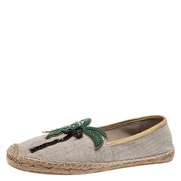 Pre Owned  Tory Burch Beige Canvas Applique Embellished Castaway Espadrille Flats Size 39.5