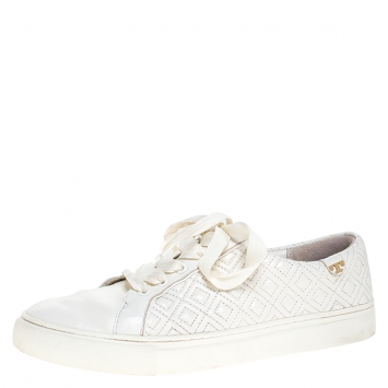 Pre Owned Tory Burch White Marion Quilted Leather Lace Up Sneakers Size 40