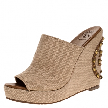 Pre Owned Tory Burch Beige Canvas Studded Wedge Open Toe Sandals Size 38.5