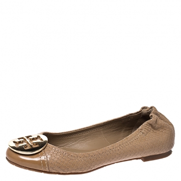 Pre Owned Tory Burch Beige Python Embossed Leather Logo Ballet Flats Size 35.5