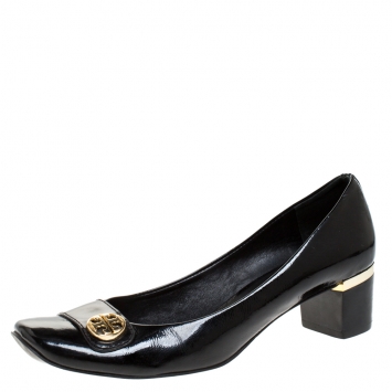 Pre Owned Tory Burch Black Patent Leather Marion Block Heel Pumps Size 39