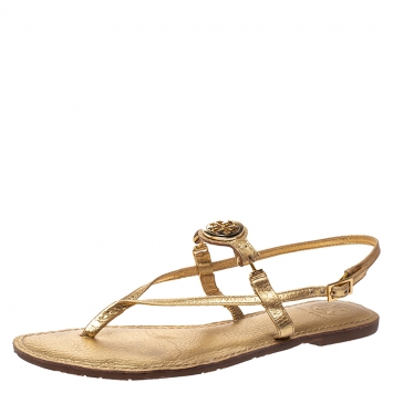 Pre Owned Tory Burch Gold Leather Ankle Strap Flat Sandals Size 39
