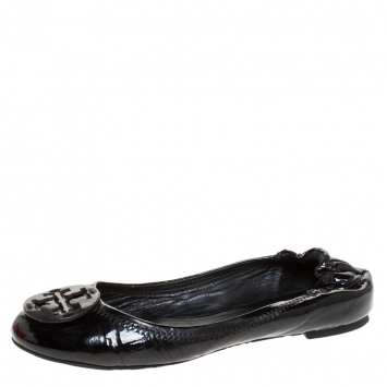 Pre Owned Tory Burch Black Patent Leather Reva Scrunch Ballet Flats Size 37.5