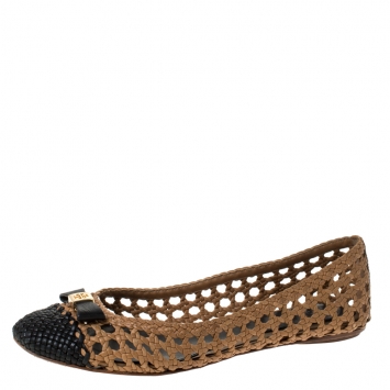 Pre Owned Tory Burch Beige/Black Woven Leather Bow Ballet Flats Size 39