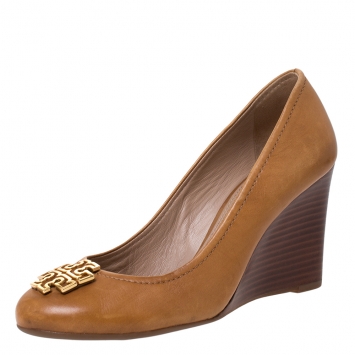 Pre Owned Tory Burch Brown Leather Logo Wedge Round Toe Pumps Size 37