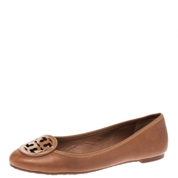 Pre Owned Tory Burch Brown Leather And Patent Logo Bow Ballet Flats Size 37
