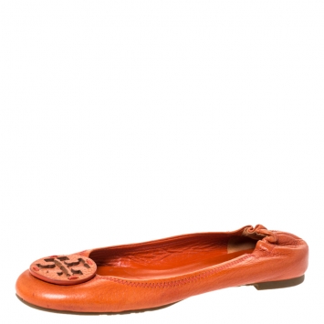 Pre Owned Tory Burch Orange Leather Reva Scrunch Ballet Flats Size 37