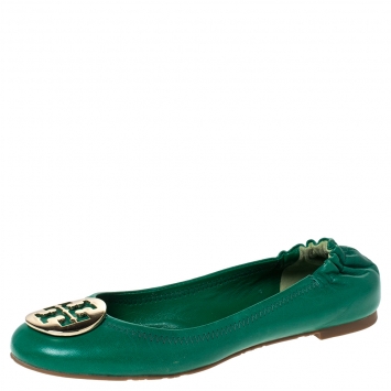 Pre Owned Tory Burch Green Leather Logo Minnie Ballet Flats Size 37.5