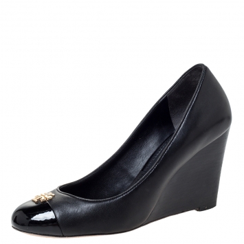 Pre Owned Tory Burch Black Leather Reva Cap Toe Wedge Pumps Size 37.5