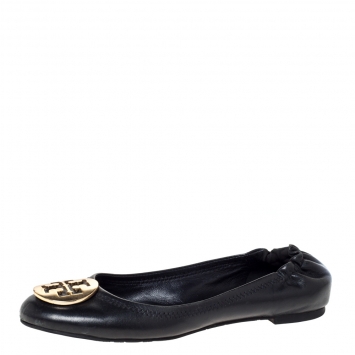 Pre Owned Tory Burch Black Leather Reva Ballet Flats Size 37.5