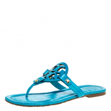Pre Owned Tory Burch Blue Croc Embossed Leather Miller Flat Thong Sandals Size 36