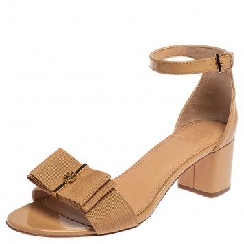 Pre Owned Tory Burch Beige Patent Leather And Canvas Bow Block Heel Ankle Strap Sandals Size 39