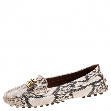Pre Owned Tory Burch Beige/Brown Python Effect Leather Kendrick Driving Loafers Size 36