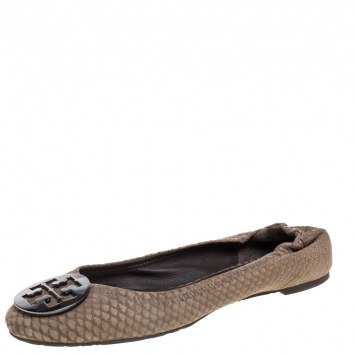 Pre Owned Tory Burch Brown Python Embossed Leather Reva Ballet Flats Size 39.5