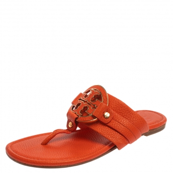 Pre Owned Tory Burch Orange Leather Amanda Flats Size 37
